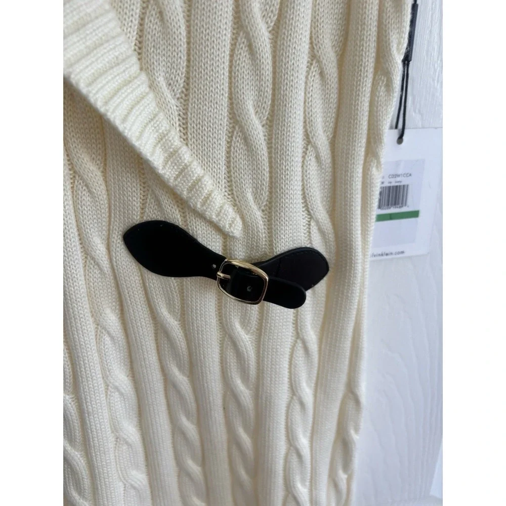 Calvin‎ Klein Ivory Sleeveless Cable knit Sweater Dress Large Shawl Collar NEW